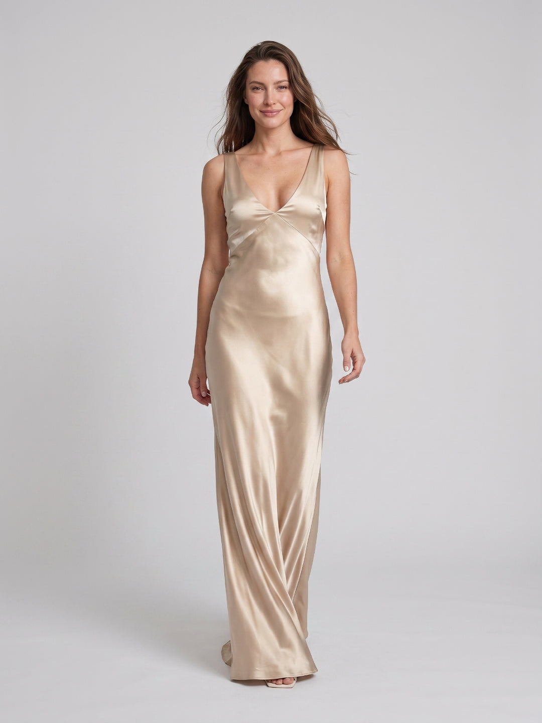 Sand Satin Sheath V-Neck V-Back Floor-Length Bridesmaid Dress