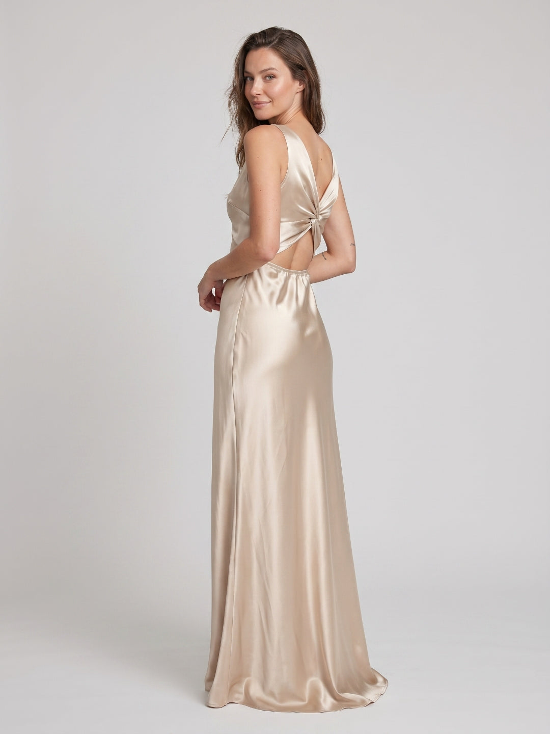 Sand Satin Sheath V-Neck V-Back Floor-Length Bridesmaid Dress