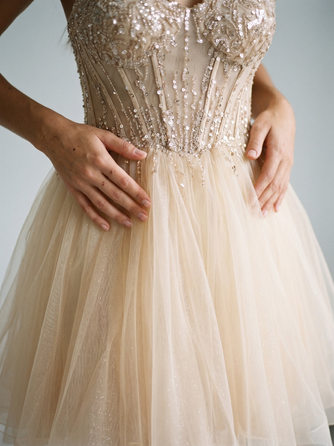 Sand Tulle A-Line Off-the-Shoulder Criss-Cross Straps Short Homecoming Dress with Sequins