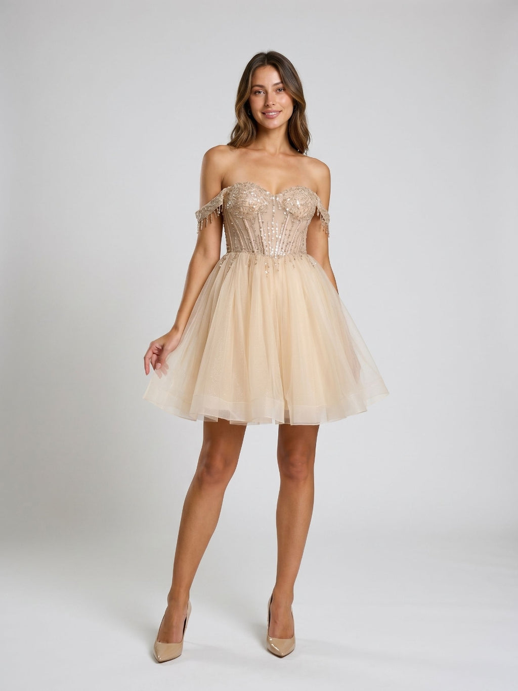 Sand Tulle A-Line Off-the-Shoulder Criss-Cross Straps Short Homecoming Dress with Sequins
