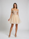 Sand Tulle A-Line Off-the-Shoulder Criss-Cross Straps Short Homecoming Dress with Sequins