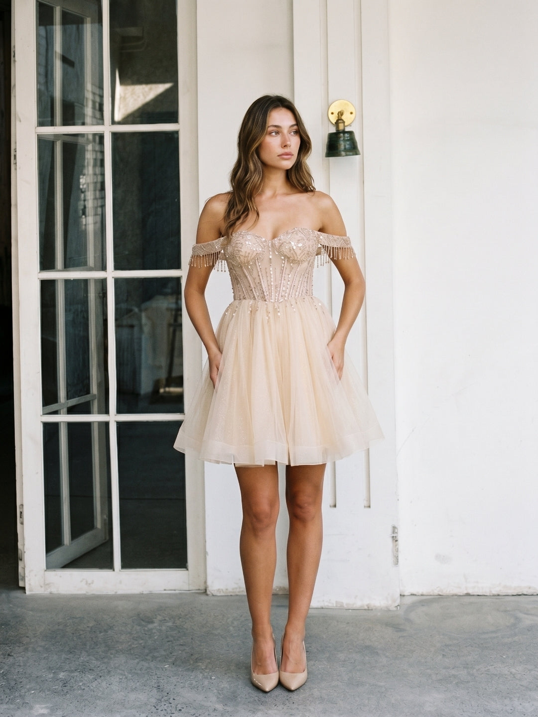 Sand Tulle A-Line Off-the-Shoulder Criss-Cross Straps Short Homecoming Dress with Sequins