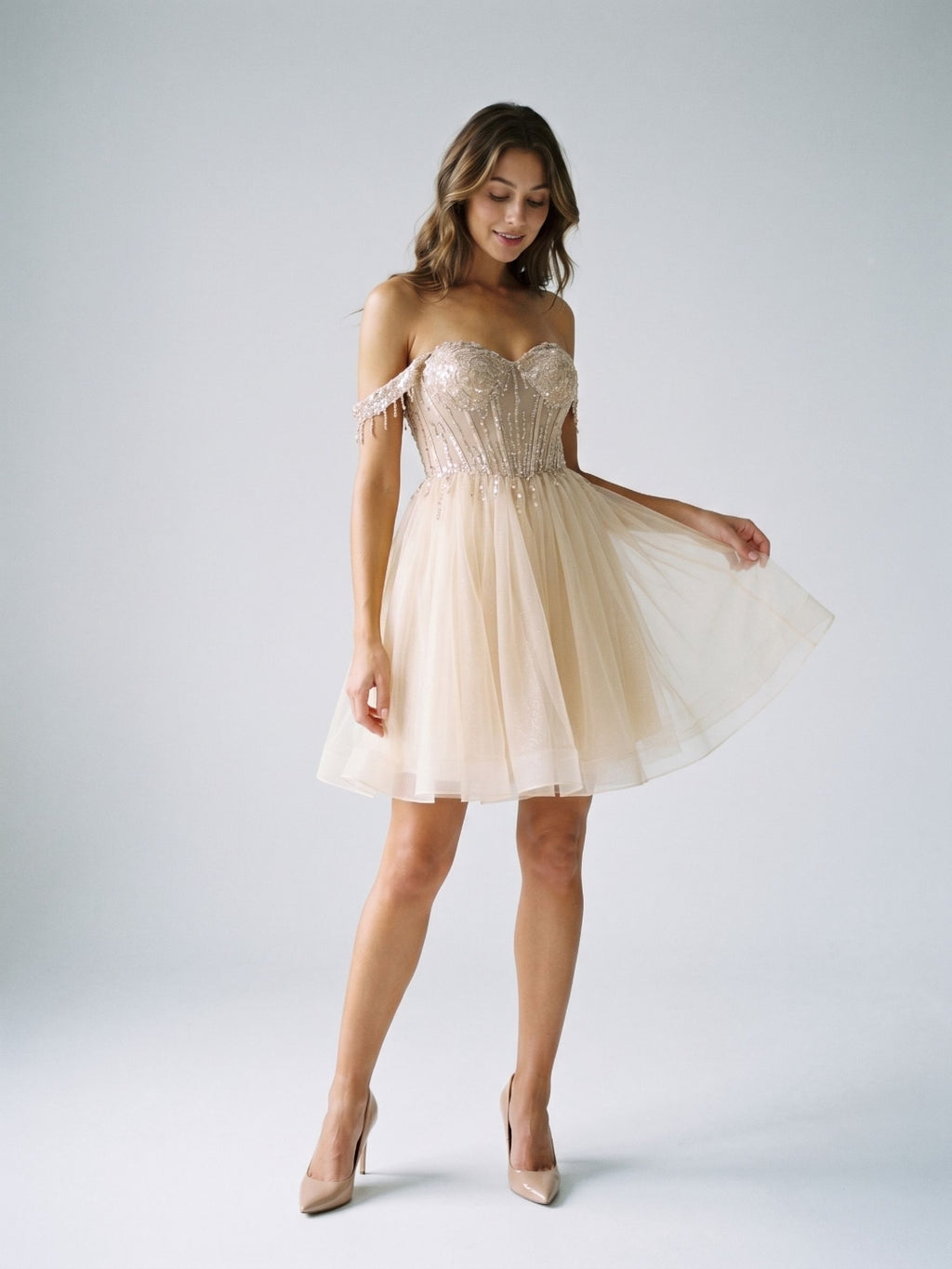 Sand Tulle A-Line Off-the-Shoulder Criss-Cross Straps Short Homecoming Dress with Sequins