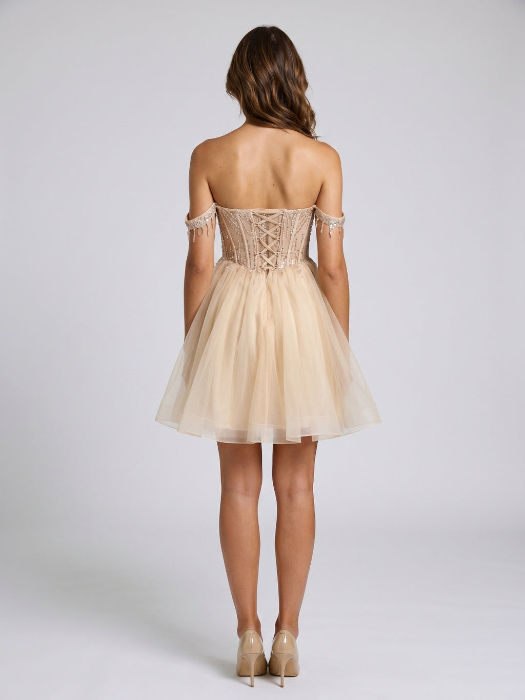 Sand Tulle A-Line Off-the-Shoulder Criss-Cross Straps Short Homecoming Dress with Sequins