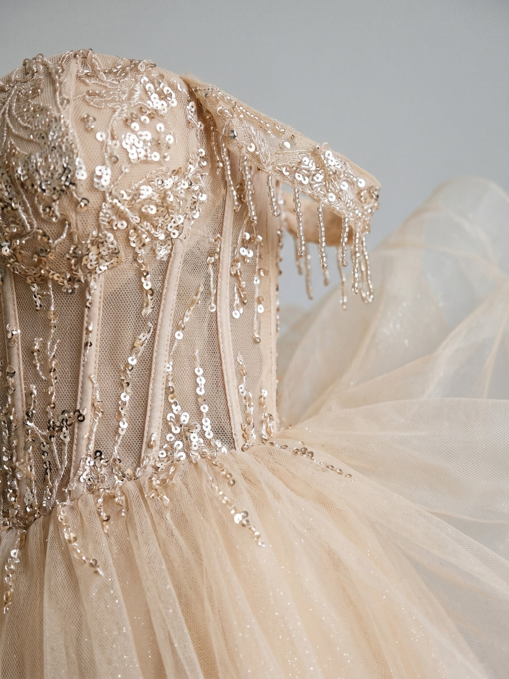 Sand Tulle A-Line Off-the-Shoulder Criss-Cross Straps Short Homecoming Dress with Sequins