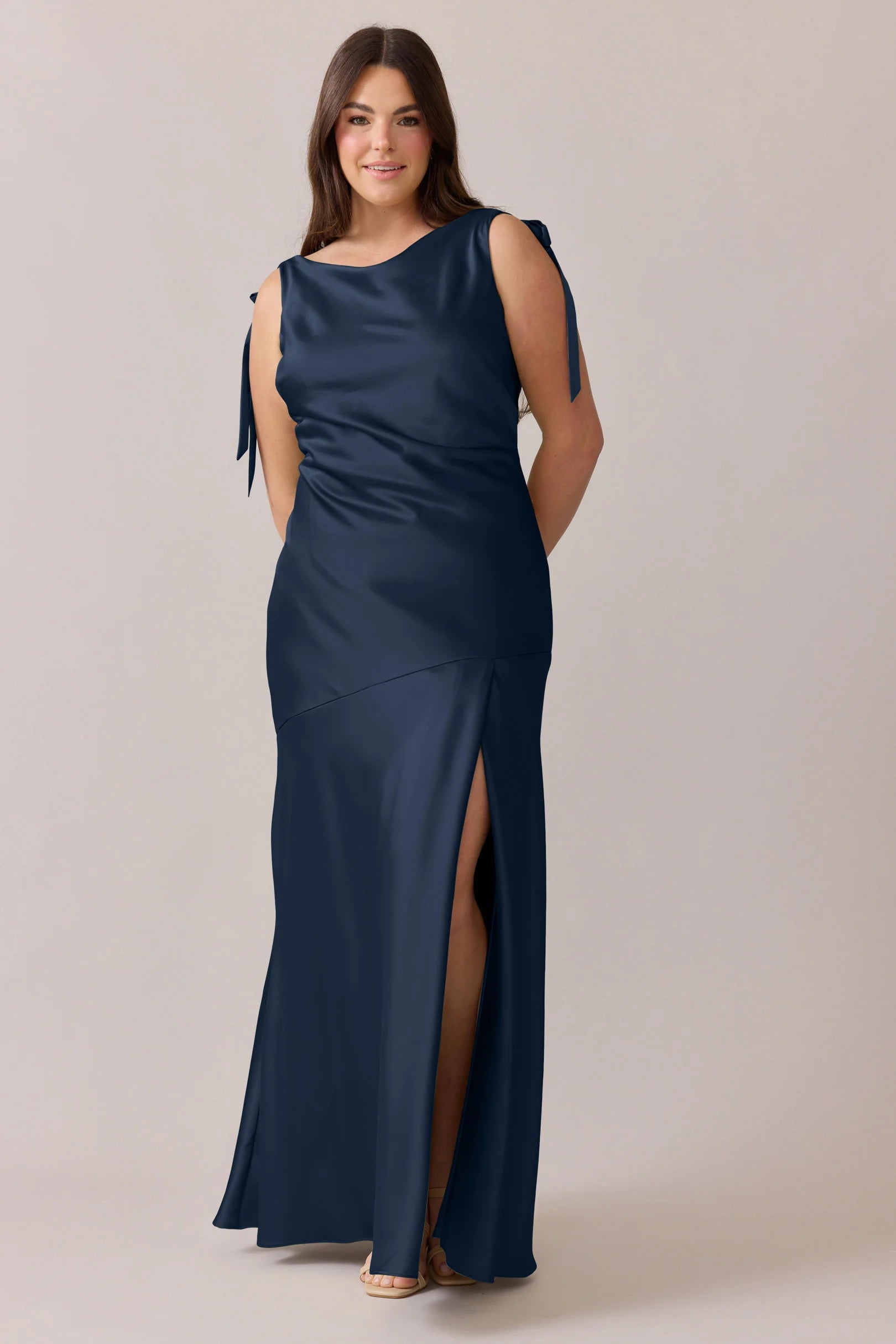 Satin Boat-Neck Bridesmaid Dress with Tie-Shoulder Straps, High Thigh Slit & Cowl Back