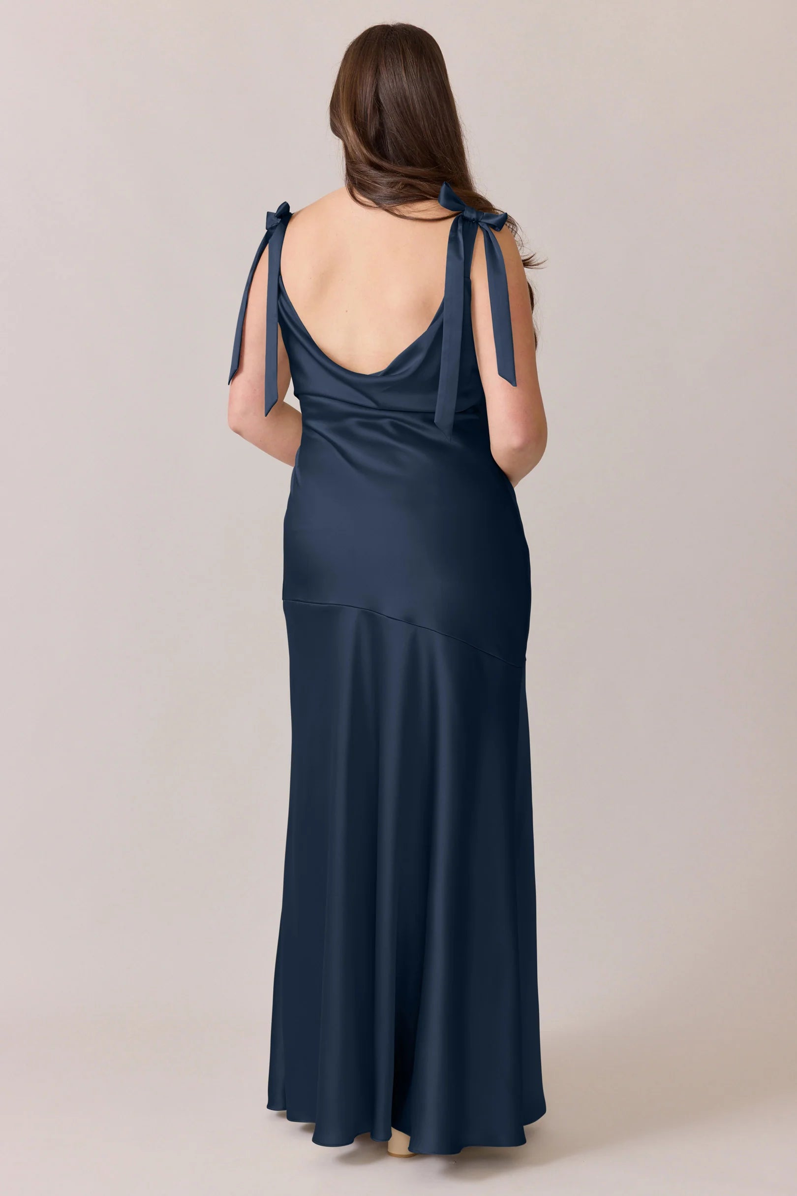Satin Boat-Neck Bridesmaid Dress with Tie-Shoulder Straps, High Thigh Slit & Cowl Back
