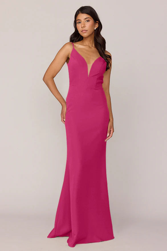 Satin Bridesmaid Dresses with Deep V-Neck, Spaghetti Straps, Open Back and Mermaid Skirt Formal Gown