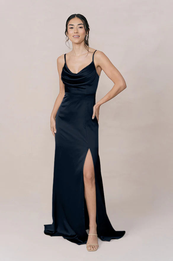 Satin Cowl-Neck Bridesmaid Dress with Spaghetti Straps, High Thigh Slit & Lace-Up Back