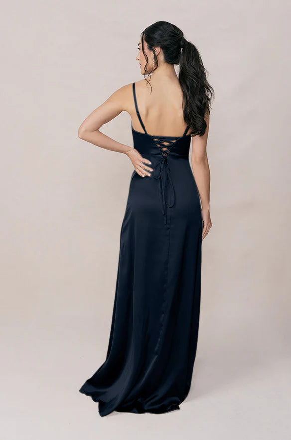 Satin Cowl-Neck Bridesmaid Dress with Spaghetti Straps, High Thigh Slit & Lace-Up Back