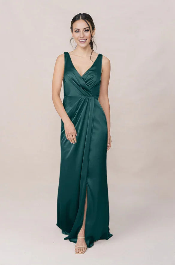 Satin Sleeveless Deep V-Neck Wrap Bodice High-Slit Trumpet Floor-Length Bridesmaid Dresses