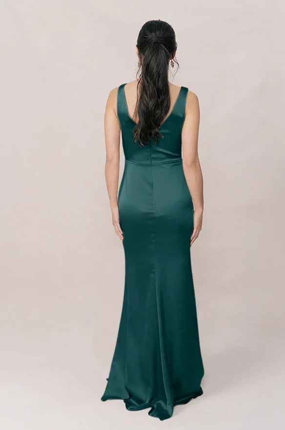 Satin Sleeveless Deep V-Neck Wrap Bodice High-Slit Trumpet Floor-Length Bridesmaid Dresses