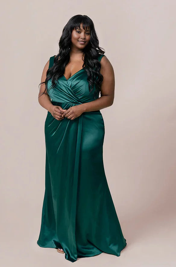 Satin Sleeveless Deep V-Neck Wrap Bodice High-Slit Trumpet Floor-Length Bridesmaid Dresses