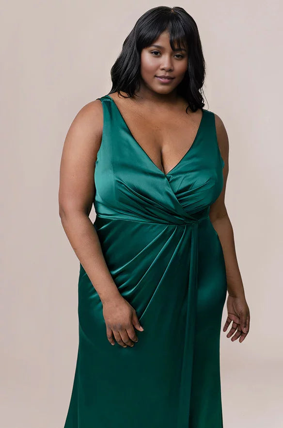 Satin Sleeveless Deep V-Neck Wrap Bodice High-Slit Trumpet Floor-Length Bridesmaid Dresses