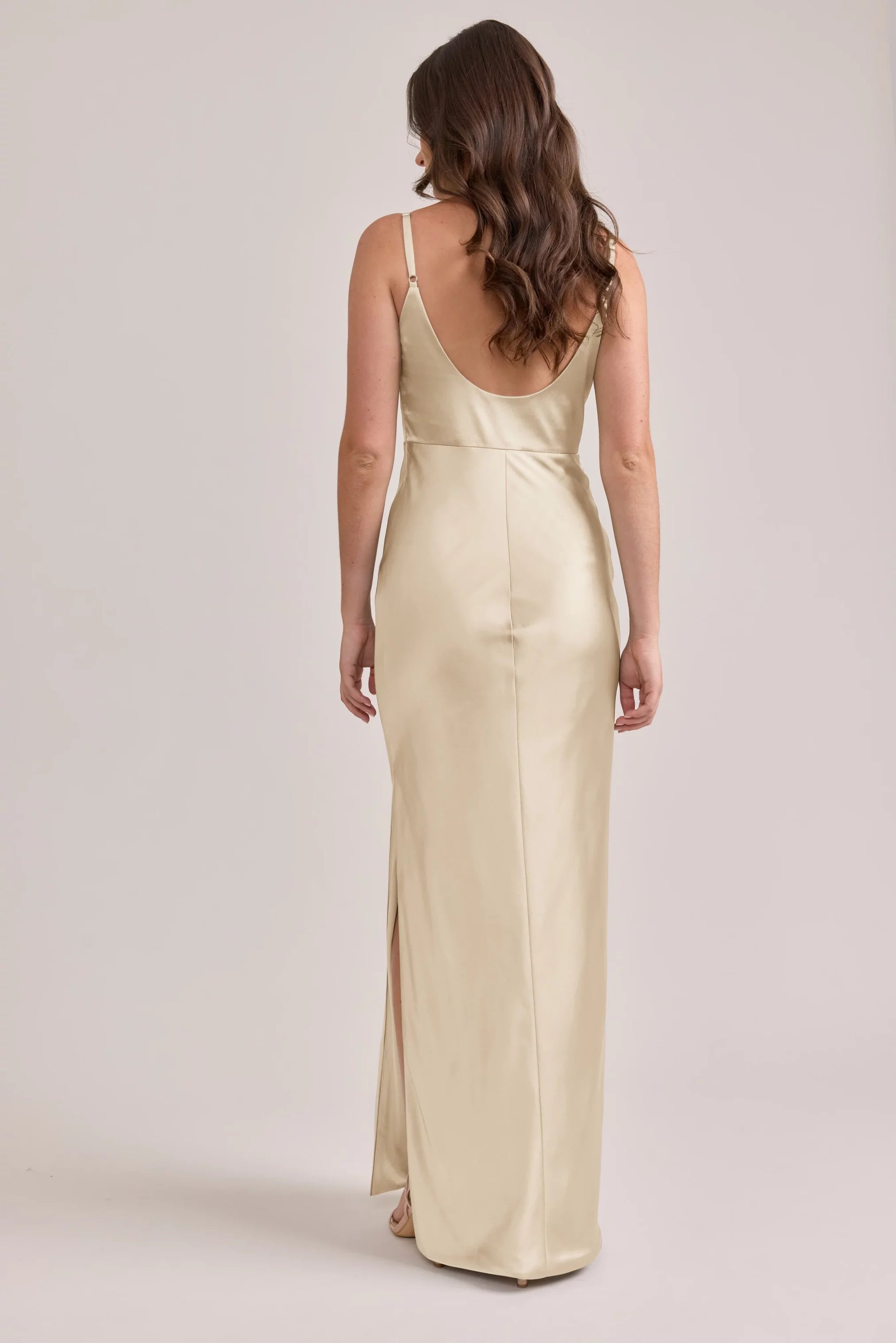 Satin Spaghetti-Strap Square Neck Open-Back High-Slit Sheath Floor-Length Bridesmaid Dresses
