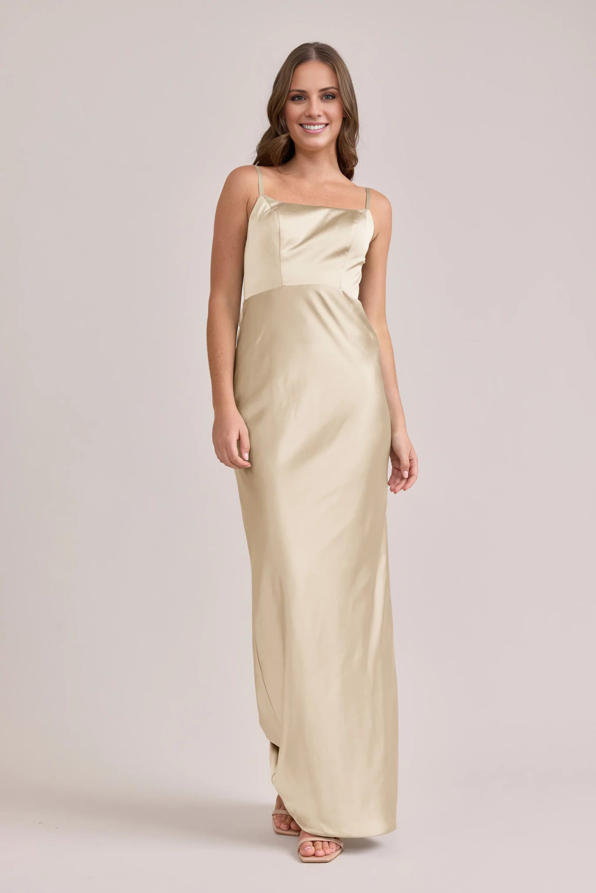 Satin Spaghetti-Strap Square Neck Open-Back High-Slit Sheath Floor-Length Bridesmaid Dresses