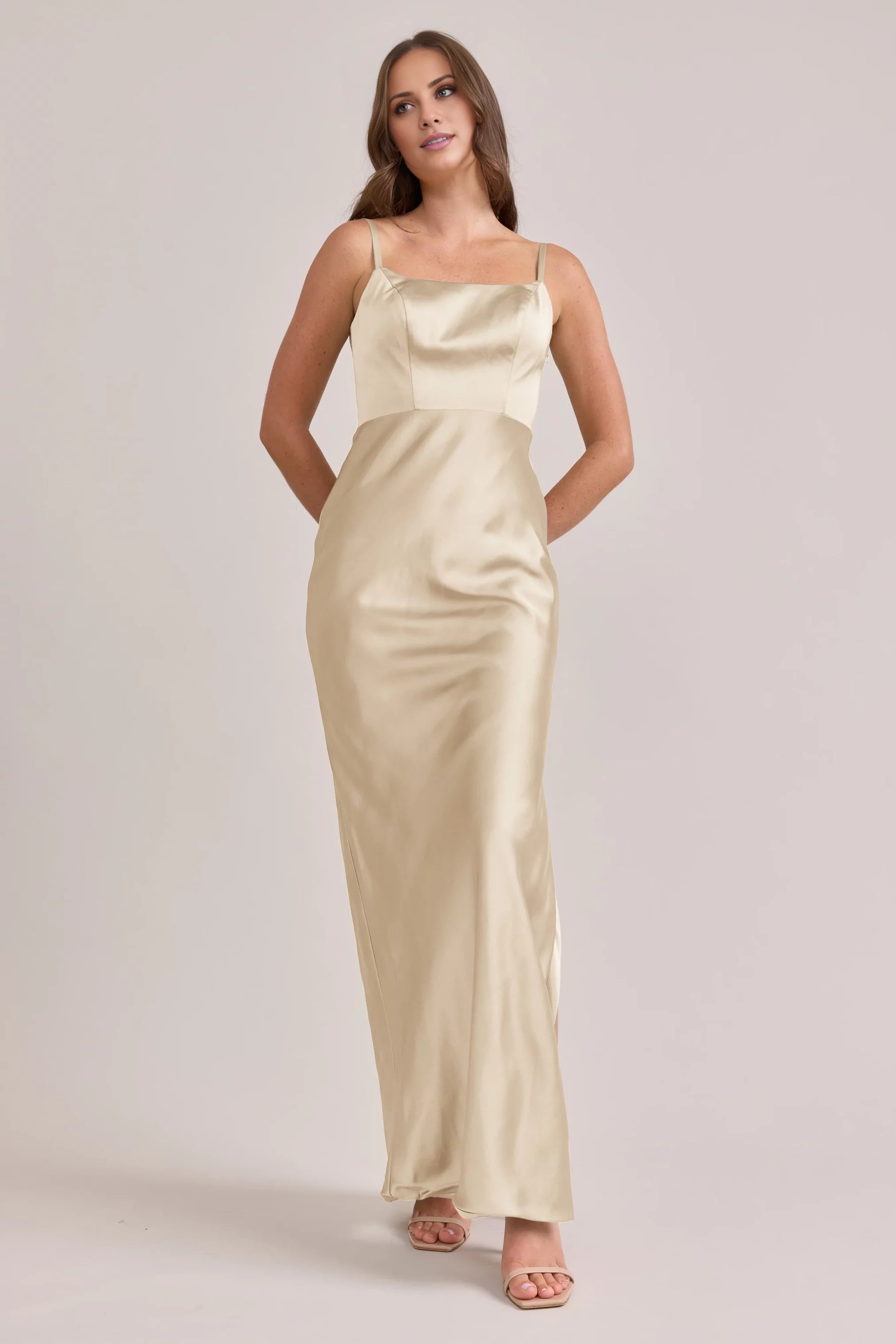 Satin Spaghetti-Strap Square Neck Open-Back High-Slit Sheath Floor-Length Bridesmaid Dresses