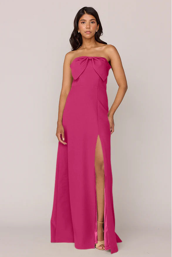 Satin Strapless Bridesmaid Dresses with Bow Detail, Lace-Up Back and High Slit Formal Gown
