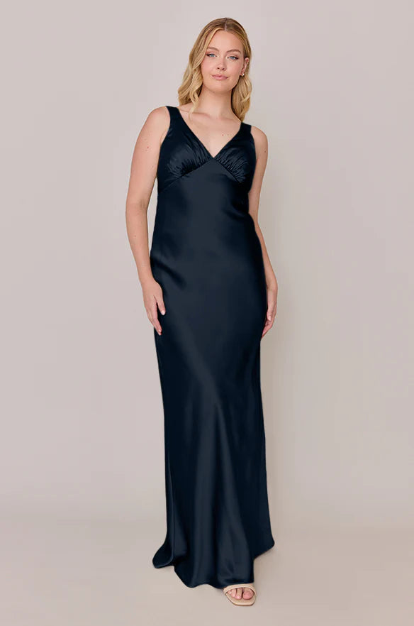 Satin V-Neck Bridesmaid Dress with Ruched Bust & Cowl Back