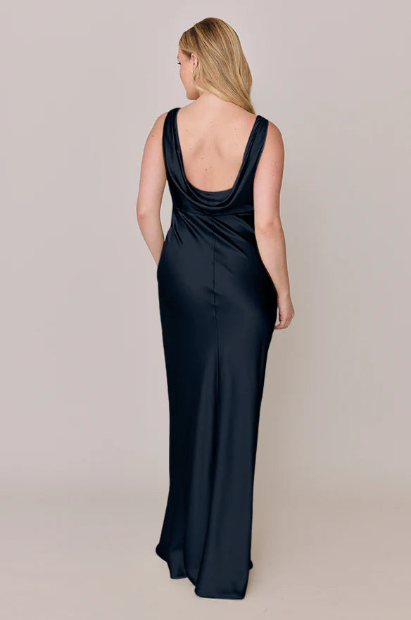 Satin V-Neck Bridesmaid Dress with Ruched Bust & Cowl Back