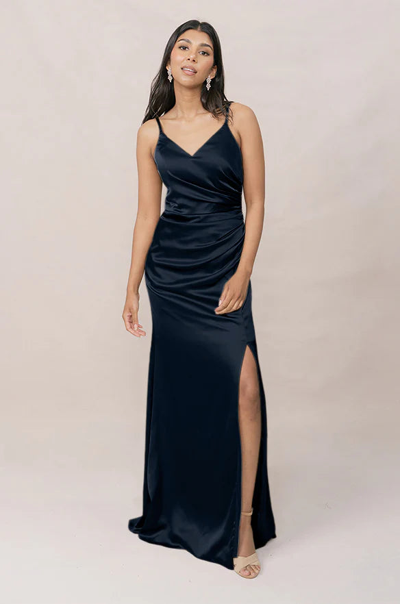Satin V-Neck Bridesmaid Dress with Spaghetti Straps, Ruched Side & High Thigh Slit