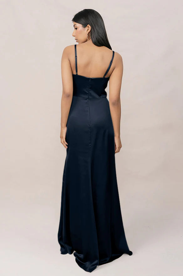 Satin V-Neck Bridesmaid Dress with Spaghetti Straps, Ruched Side & High Thigh Slit