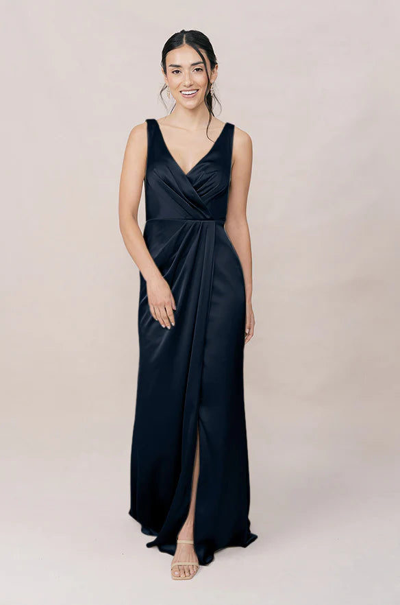 Satin V-Neck Bridesmaid Dress with Wrap Front, High Thigh Slit & Mermaid Silhouette