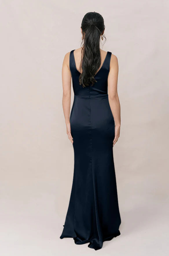 Satin V-Neck Bridesmaid Dress with Wrap Front, High Thigh Slit & Mermaid Silhouette