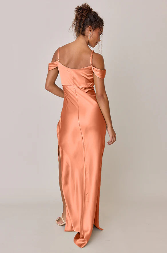Satin Cold-Shoulder Bridesmaid Dress with Cowl Neck & High Front Slit