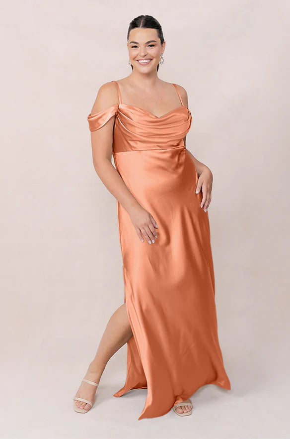 Satin Cold-Shoulder Bridesmaid Dress with Cowl Neck & High Front Slit