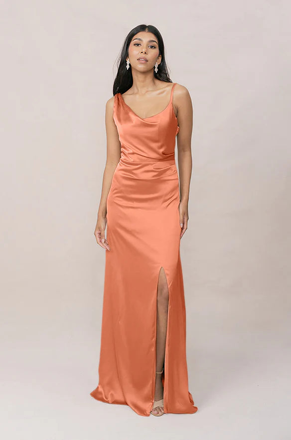 Satin Cowl Neck Bridesmaid Dress with Asymmetric Back Draping & High Front Slit