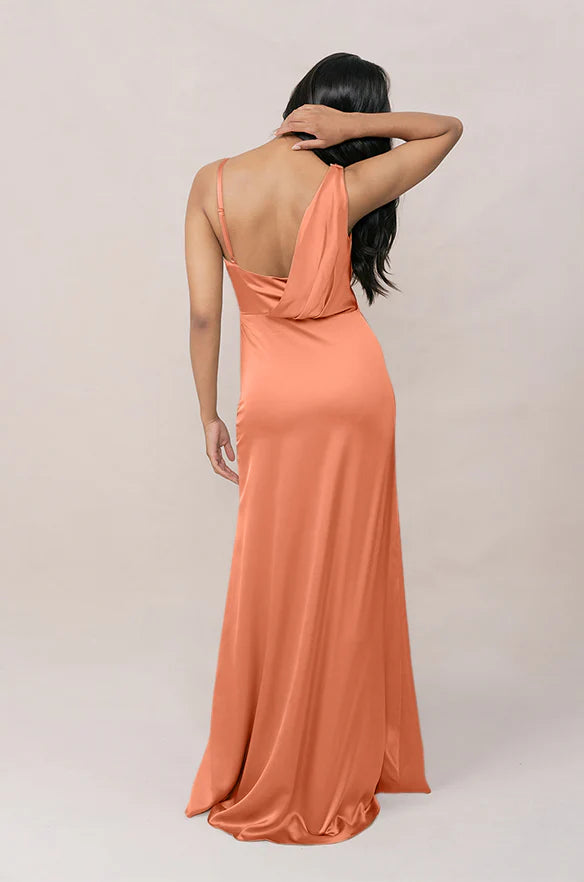 Satin Cowl Neck Bridesmaid Dress with Asymmetric Back Draping & High Front Slit