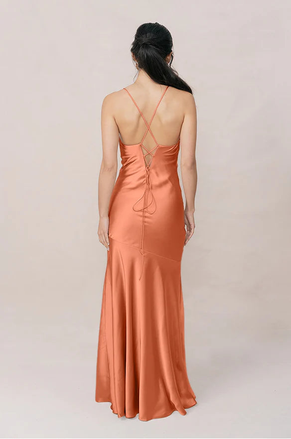 Satin Cowl Neck Bridesmaid Dress with Cross-Back Straps, High Front Slit & Mermaid Hem