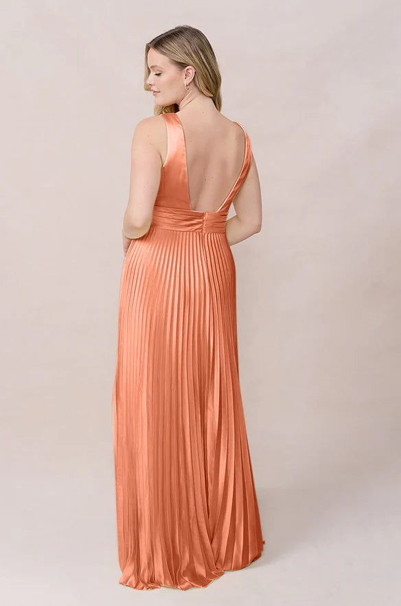 Satin Plunge V-Neck Bridesmaid Dress with Pleated Skirt, Open Back & Hidden Pockets