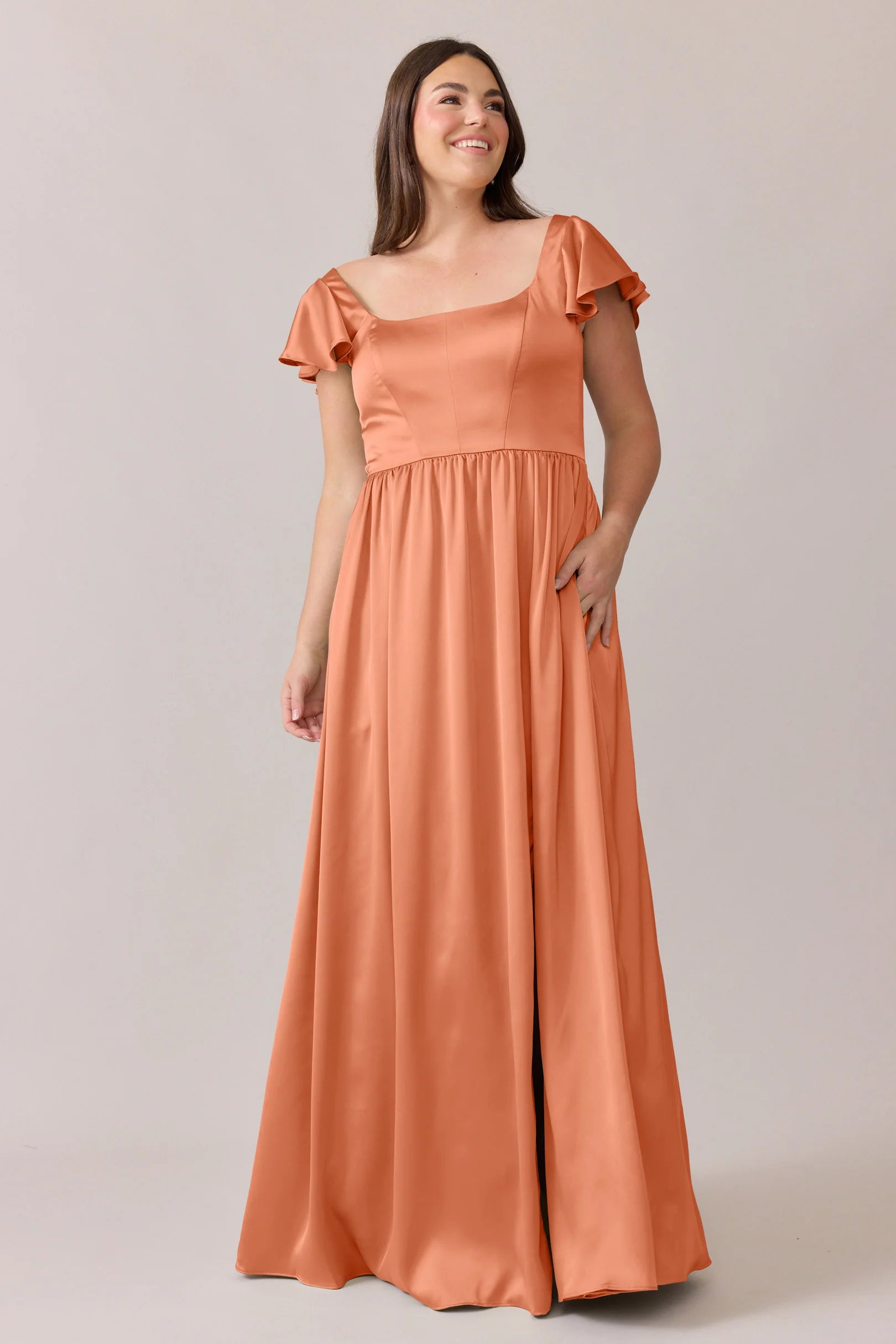 Satin Square Neck Bridesmaid Dress with Ruffle Cap Sleeves, A-Line Skirt & Hidden Pockets