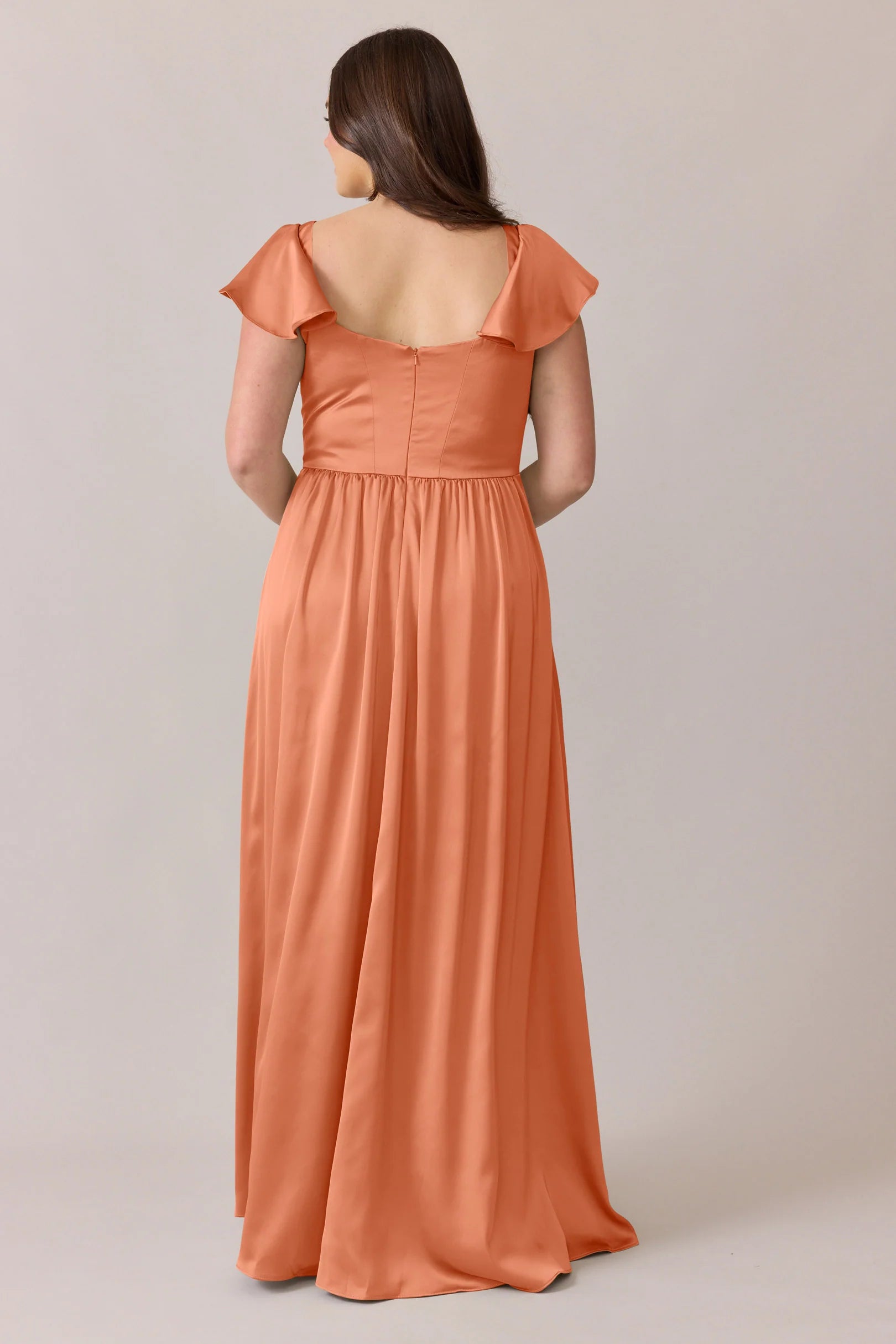 Satin Square Neck Bridesmaid Dress with Ruffle Cap Sleeves, A-Line Skirt & Hidden Pockets