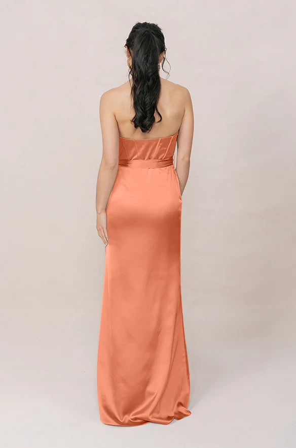 Satin Strapless Bridesmaid Dress with Corset Bodice, Self-Tie Waist, High Front Slit & Hidden Pockets