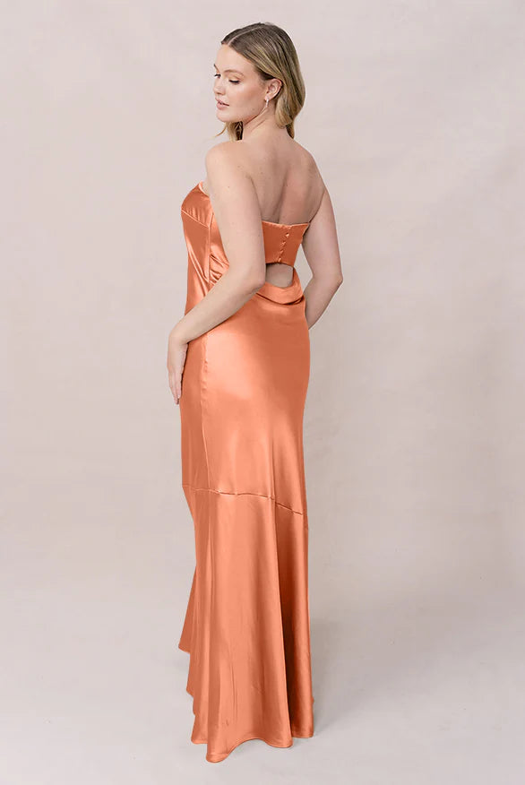 Satin Strapless Bridesmaid Dress with Draped Back Cutout, Mermaid Hem & Hidden Pockets