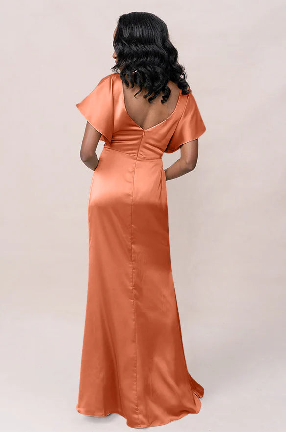 Satin V-Neck Bridesmaid Dress with Flutter Sleeves, Twist Front & V-Back Cutout