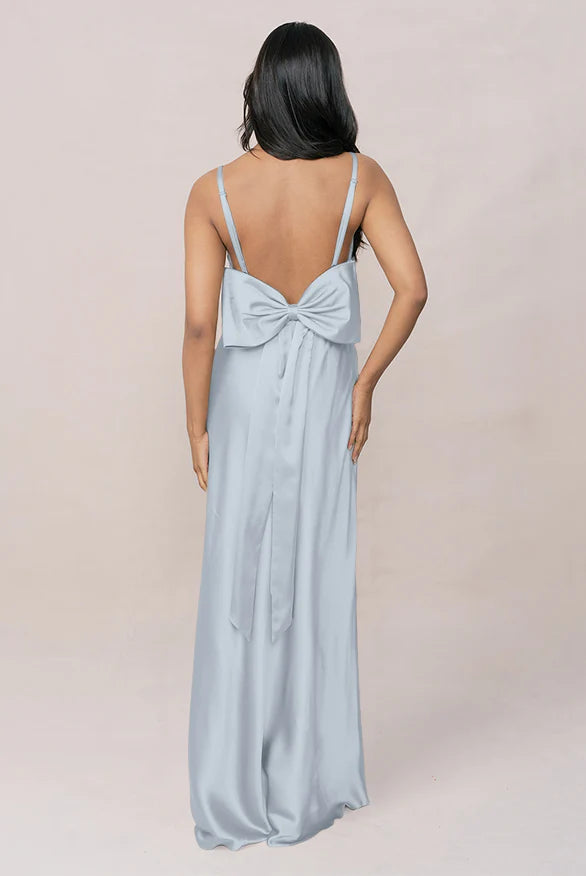 Scoop Neck Satin Bridesmaid Dress with Back Bow Detail, Adjustable Spaghetti Straps & Side High Slit Maxi Silhouette