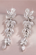 Silver Tone Marquise Leaf Cluster Long Drop Earrings Bridal Wedding CZ Crystal Dangle Earrings