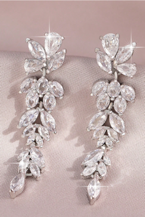 Silver Tone Marquise Leaf Cluster Long Drop Earrings Bridal Wedding CZ Crystal Dangle Earrings