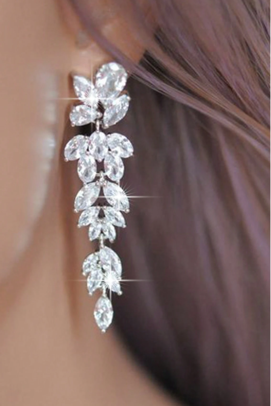 Silver Tone Marquise Leaf Cluster Long Drop Earrings Bridal Wedding CZ Crystal Dangle Earrings