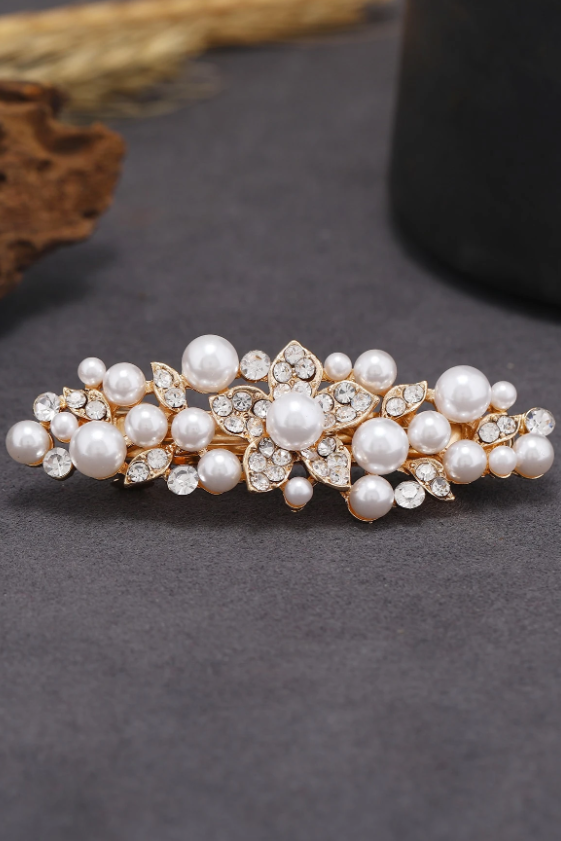 Pearl Rhinestone Gold Leaf Bridal Hair Barrette Wedding Hair Clip
