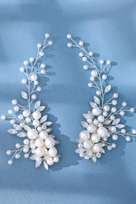 Pair Pearl Crystal Vine Bridal Hair Clips Wedding Side Hair Barrettes