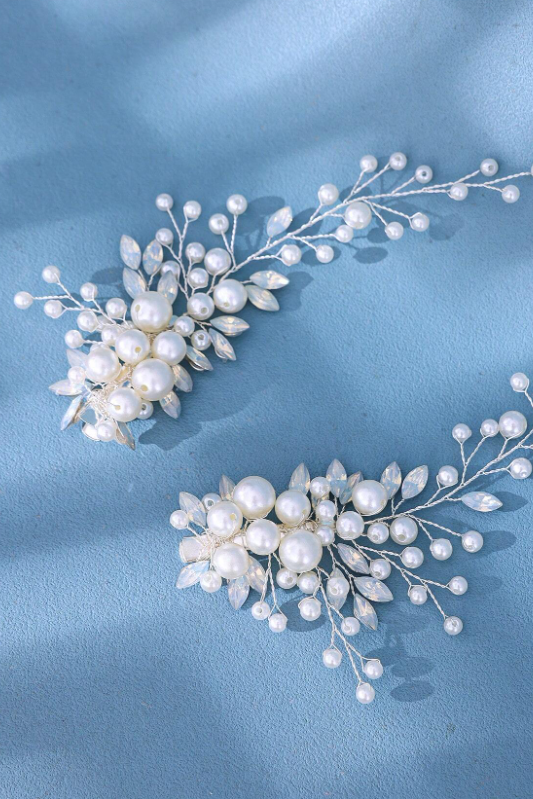 Pair Pearl Crystal Vine Bridal Hair Clips Wedding Side Hair Barrettes