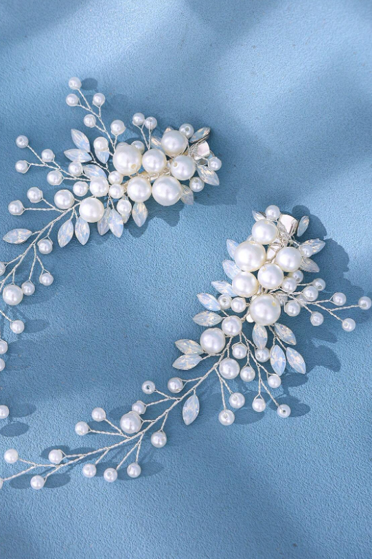 Pair Pearl Crystal Vine Bridal Hair Clips Wedding Side Hair Barrettes