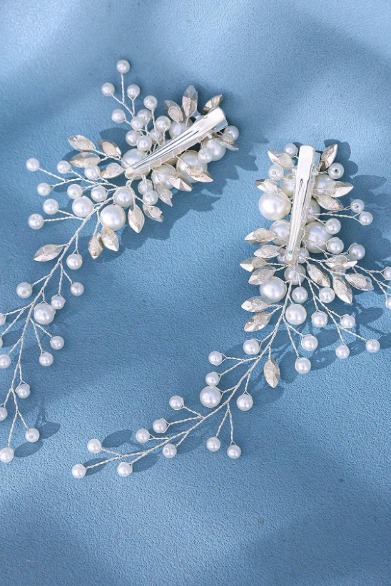 Pair Pearl Crystal Vine Bridal Hair Clips Wedding Side Hair Barrettes