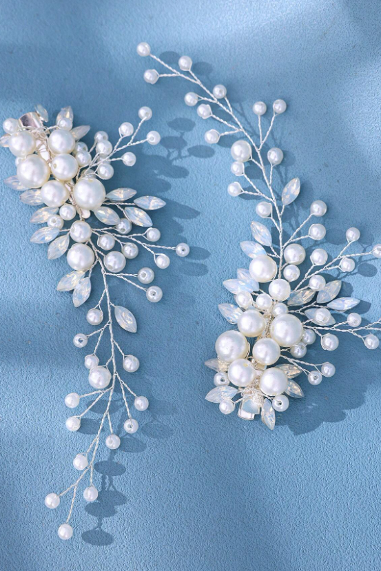 Pair Pearl Crystal Vine Bridal Hair Clips Wedding Side Hair Barrettes