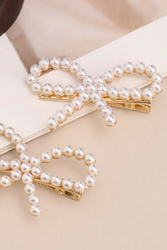 2 Pack Pearl Bow Hair Barrettes Gold Bowknot Alligator Hair Clips